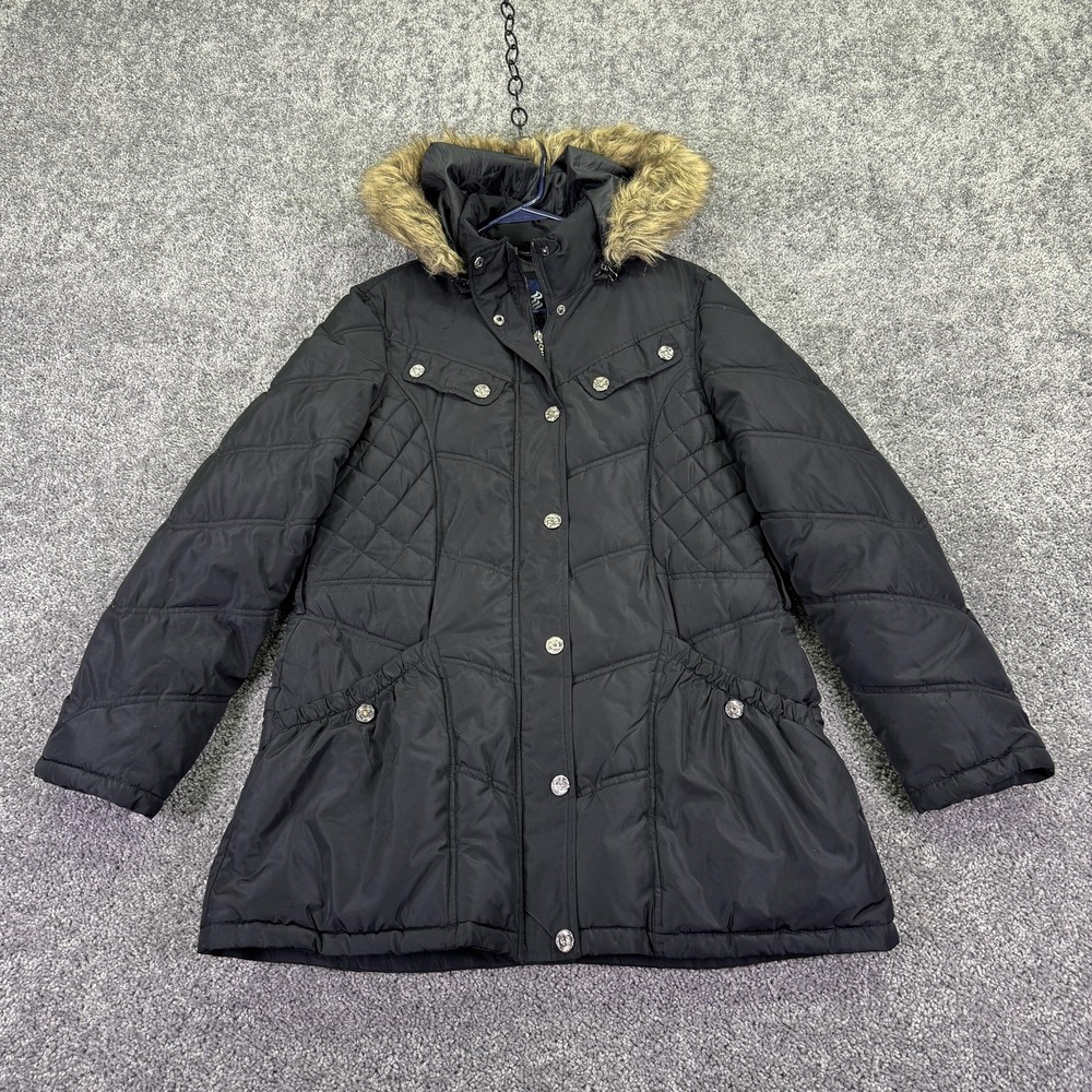 Rocawear Coat Womens Large Black Hooded Faux Fur Trim Quilted Puffer Parka